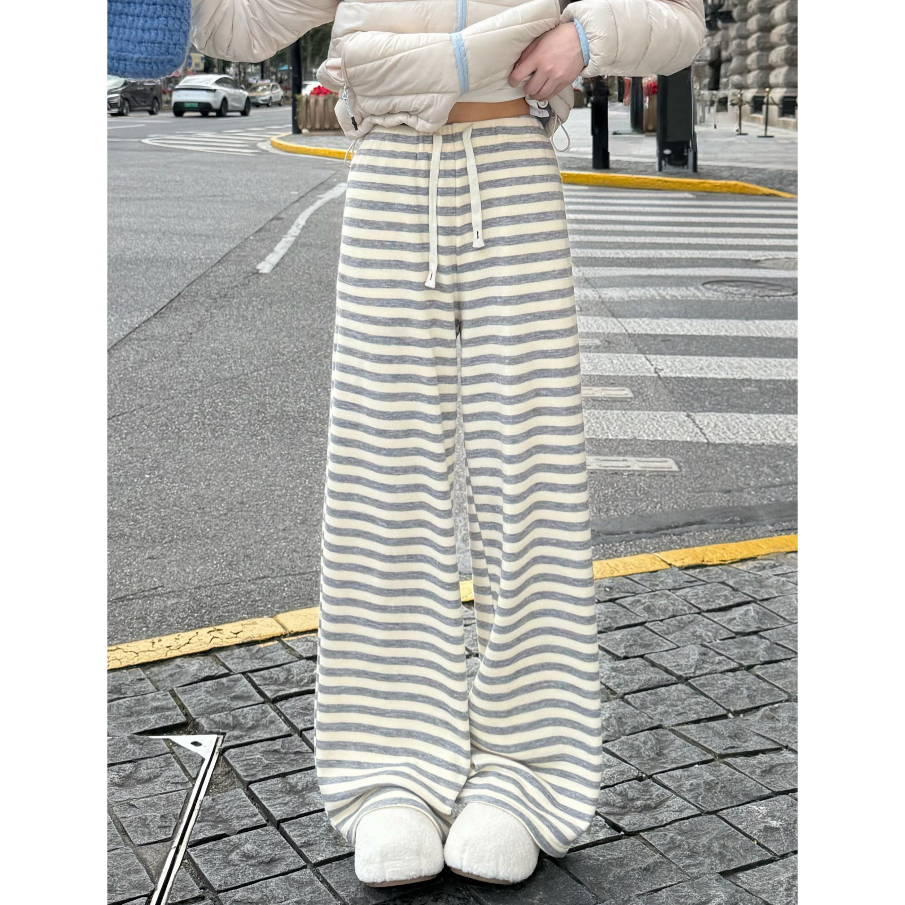 3MER哦哦三妹加绒条纹休闲裤女冬季韩系慵懒垂感宽松显瘦直筒裤子