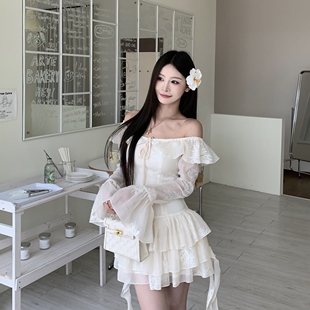 法式 3MER哦哦三妹 纯欲荷叶边连衣裙女夏甜美飘带不规则刺绣短裙