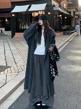 3MER哦哦三妹韩系慵懒灰色针织开衫女秋冬新款中长款外穿毛衣外套