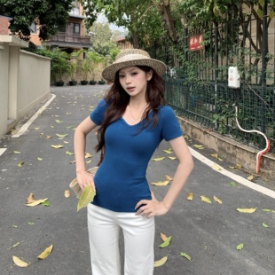 基础百搭显瘦正肩纯色上衣 T恤女春夏新款 3MER哦哦三妹修身 V领短袖