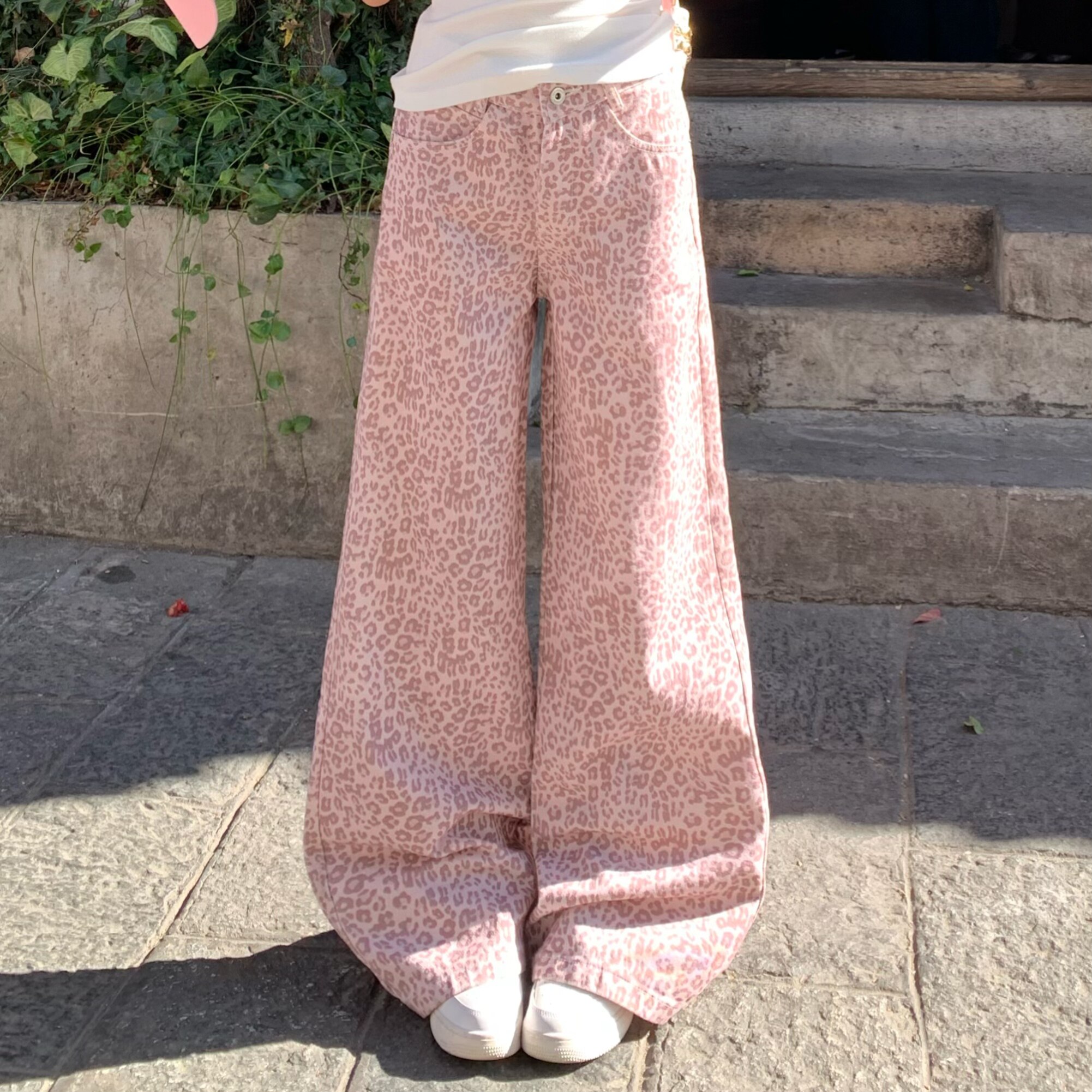 3MER哦哦三妹粉色豹纹直筒牛仔裤女春夏新款宽松显瘦拖地阔腿裤子