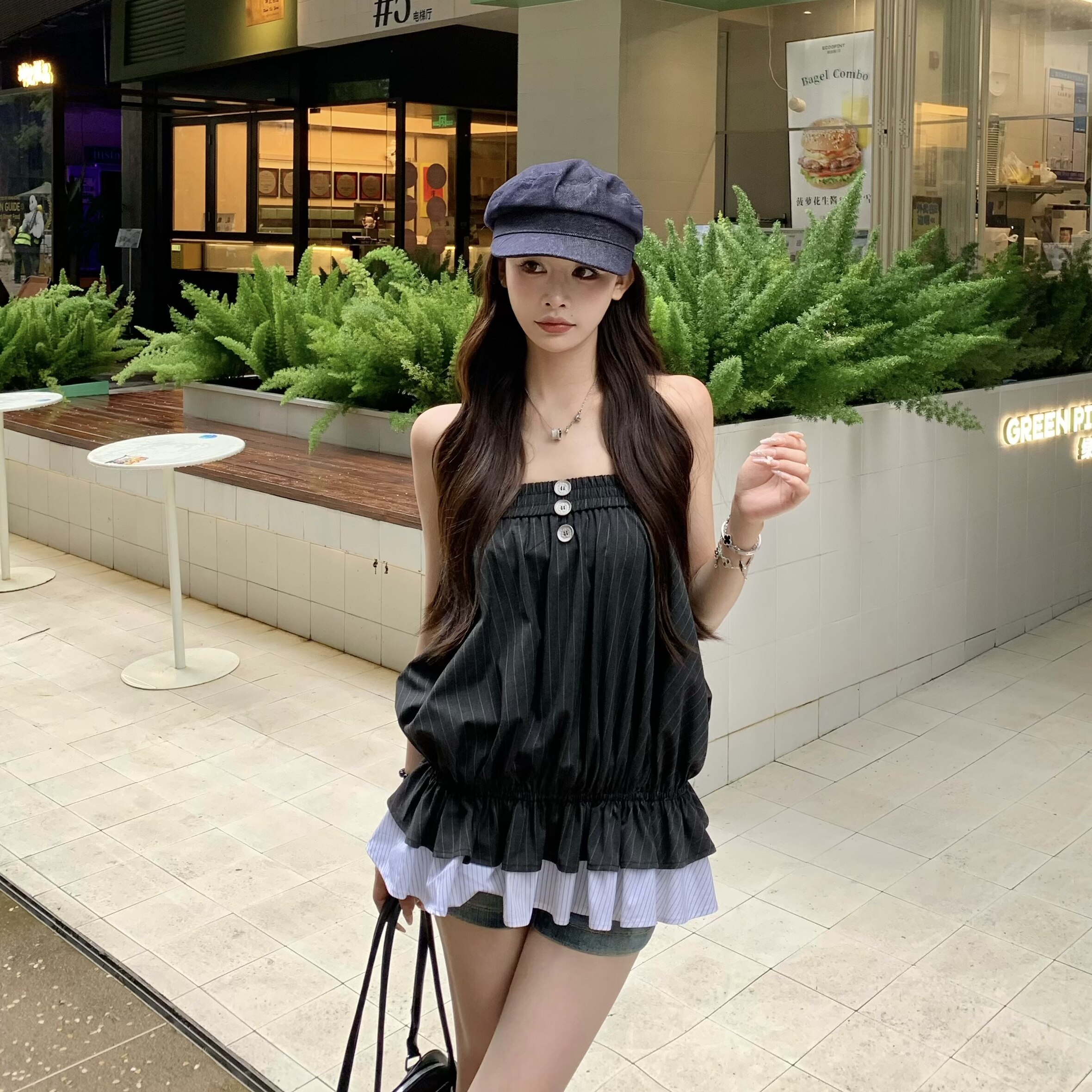 3MER哦哦三妹条纹蓬蓬花苞抹胸背心女韩系假两件纯欲露肩无袖上衣