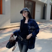 女早秋宽松格纹长袖 3MER哦哦三妹美式 复古钉珠格子衬衫 衬衣外套潮