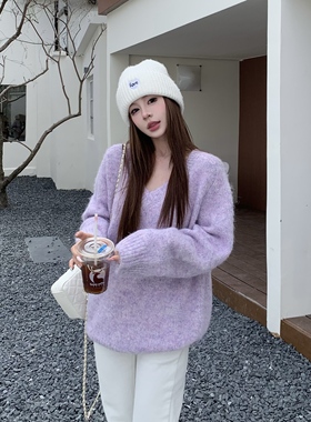 3MER哦哦三妹复古慵懒风杂色V领长袖套头毛衣女秋冬宽松针织上衣