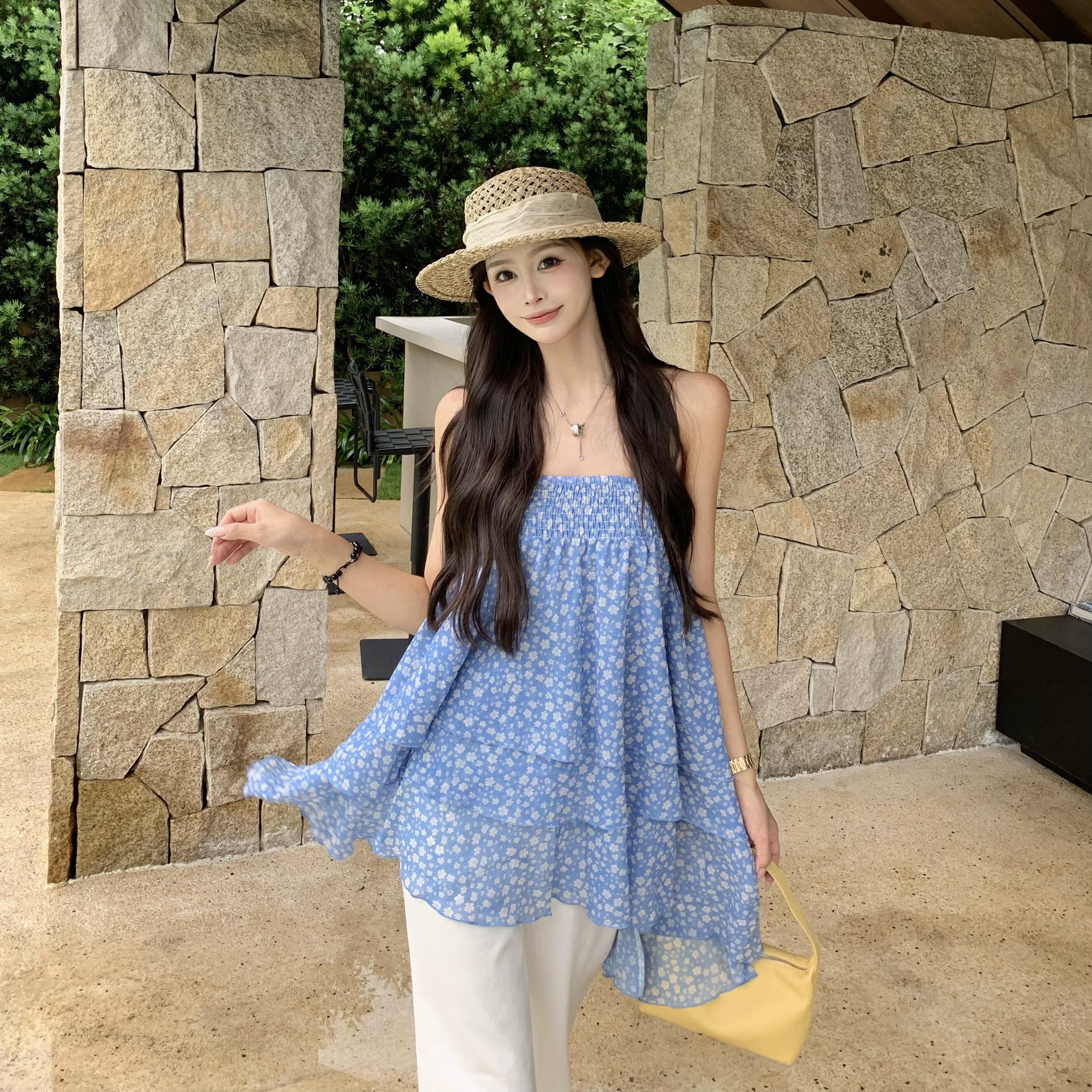 3MER哦哦三妹 韩系度假风两穿蓝色碎花抹胸半身裙女不规则a字短裙图片