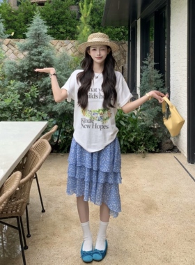 3MER哦哦三妹 花卉白色字母短袖T恤女夏韩系慵懒宽松圆领休闲上衣