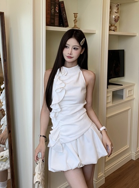 3MER哦哦三妹纯欲气质荷叶边挂脖背心上衣秋季甜美花苞短裙套装女