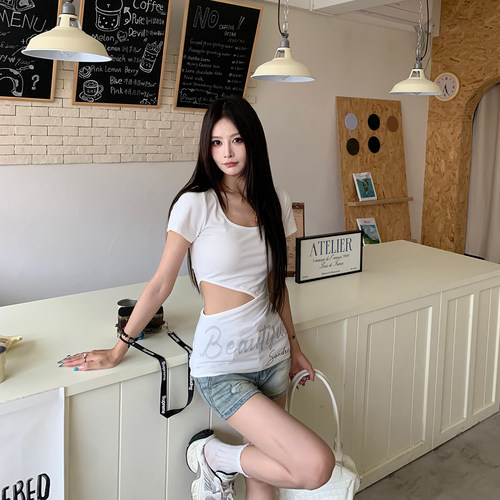3MER哦哦三妹辣妹露腰正肩短袖T
