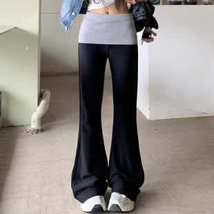3MER哦哦三妹美式黑色运动休闲裤女低腰微喇裤拼接百搭瑜伽长裤子