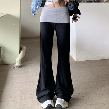 3MER哦哦三妹美式黑色运动休闲裤女低腰微喇裤拼接百搭瑜伽长裤子