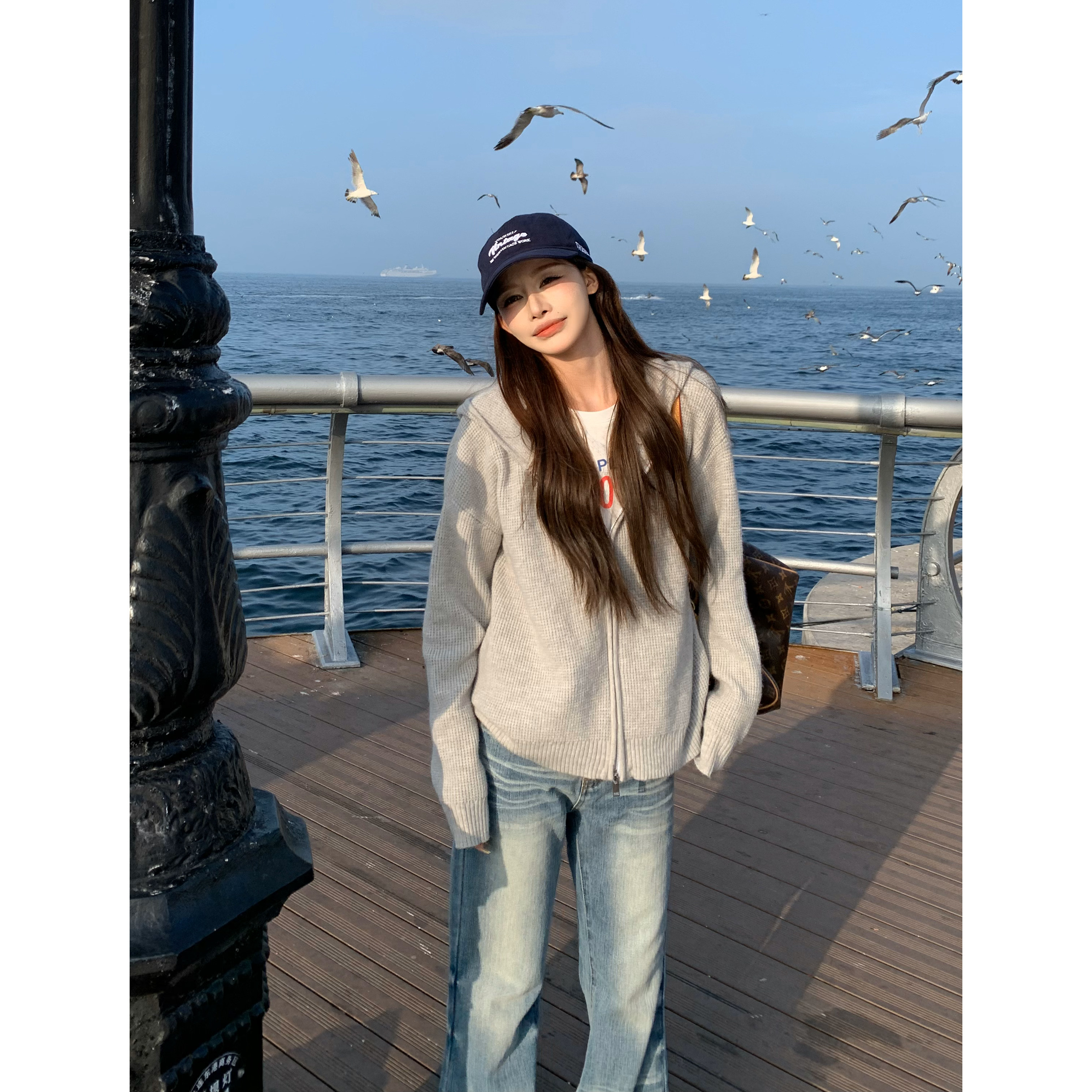 3MER哦哦三妹灰色连帽华夫格针织开衫女双拉链宽松慵懒风毛衣外套