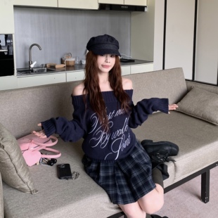 3MER哦哦三妹美式 毛衣女秋设计感辣妹显瘦上衣 复古一字肩斜肩长袖