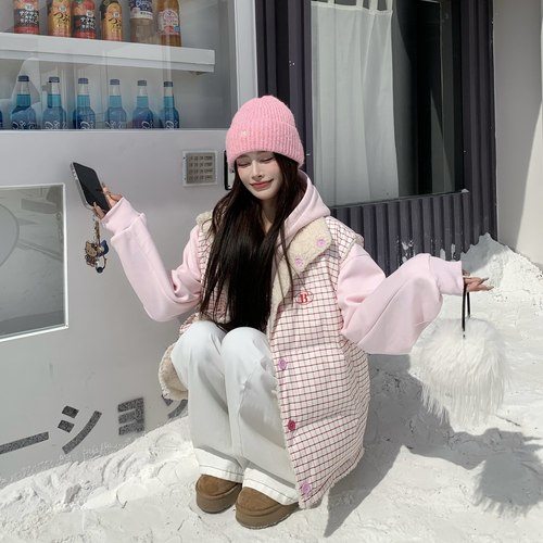 3MER甜美格纹两面穿羊羔毛马甲