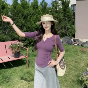 3MER哦哦三妹 韩系纯欲风亨利领短袖T恤女夏紧身弹力正肩中袖上衣