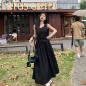 3MER哦哦三妹气质显瘦铆钉腰带连衣裙女收腰白色无袖 背心裙子长裙