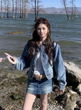 3MER哦哦三妹韩系减龄蓝色牛仔外套半身裙裤套装女春季新款两件套