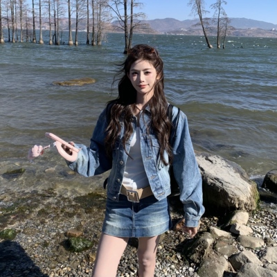 3MER开春韩系减龄蓝色牛仔套装