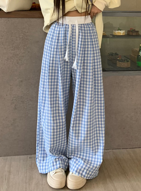 3MER哦哦三妹韩系慵懒松弛感蓝色休闲格子裤女秋宽松垂感阔腿裤子