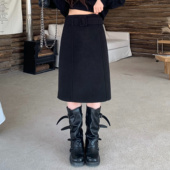 3MER哦哦三妹复古黑色呢子腰带直筒A字半身裙女百搭五分中长裙子