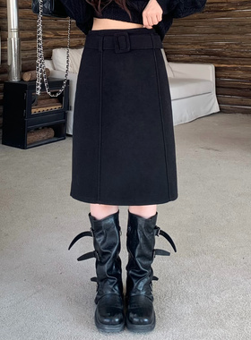 3MER哦哦三妹复古黑色呢子腰带直筒A字半身裙女百搭五分中长裙子