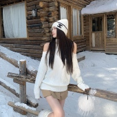 韩系慵懒气质辣妹针织衫 3MER哦哦三妹高领露肩长袖 毛衣女冬季 上衣