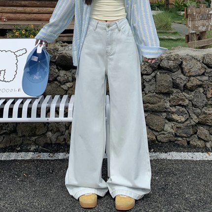 3MER哦哦三妹浅蓝色百搭阔腿牛仔裤女复古直筒休闲宽松拖地长裤子