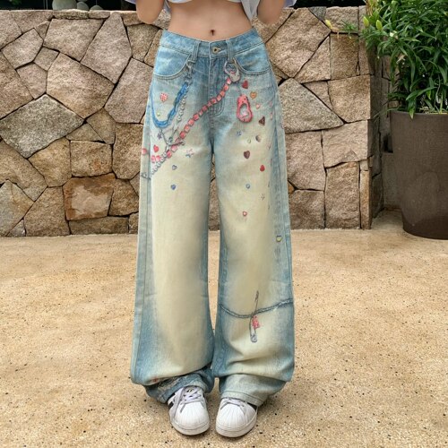 3MER彩绘印花A版直筒牛仔裤