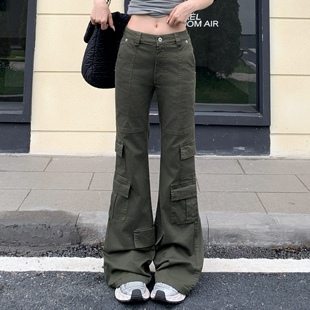 美式 女百搭显瘦牛仔裤 辣妹军绿色窄版 微喇裤 子 工装 3MER哦哦三妹