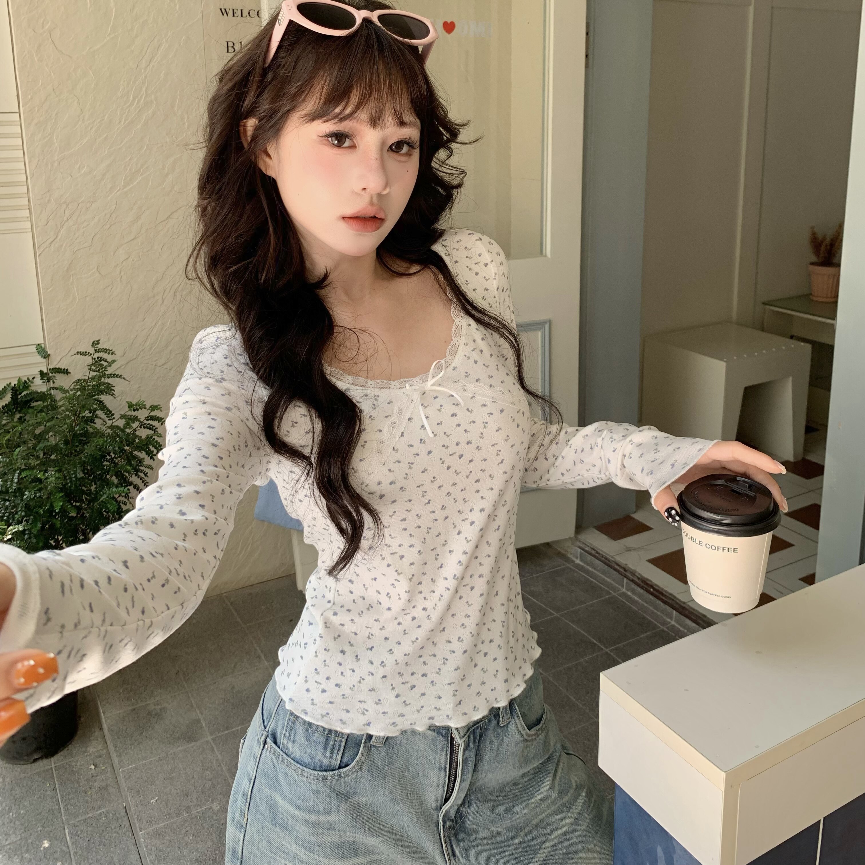 3MER哦哦三妹 甜美蕾丝拼接碎花正肩长袖T恤女修身内搭打底衫上衣