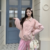 3MER哦哦三妹美式 复古格子夹克外套女秋冬宽松麂皮拼接翻领棒球服