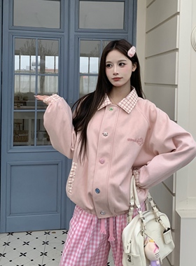 3MER哦哦三妹美式复古格子夹克外套女秋冬宽松麂皮拼接翻领棒球服