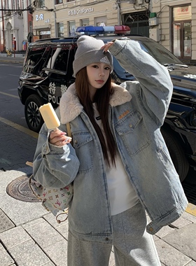 3MER哦哦三妹毛毛领拼接翻领牛仔外套女秋冬韩系宽松保暖棉衣棉服