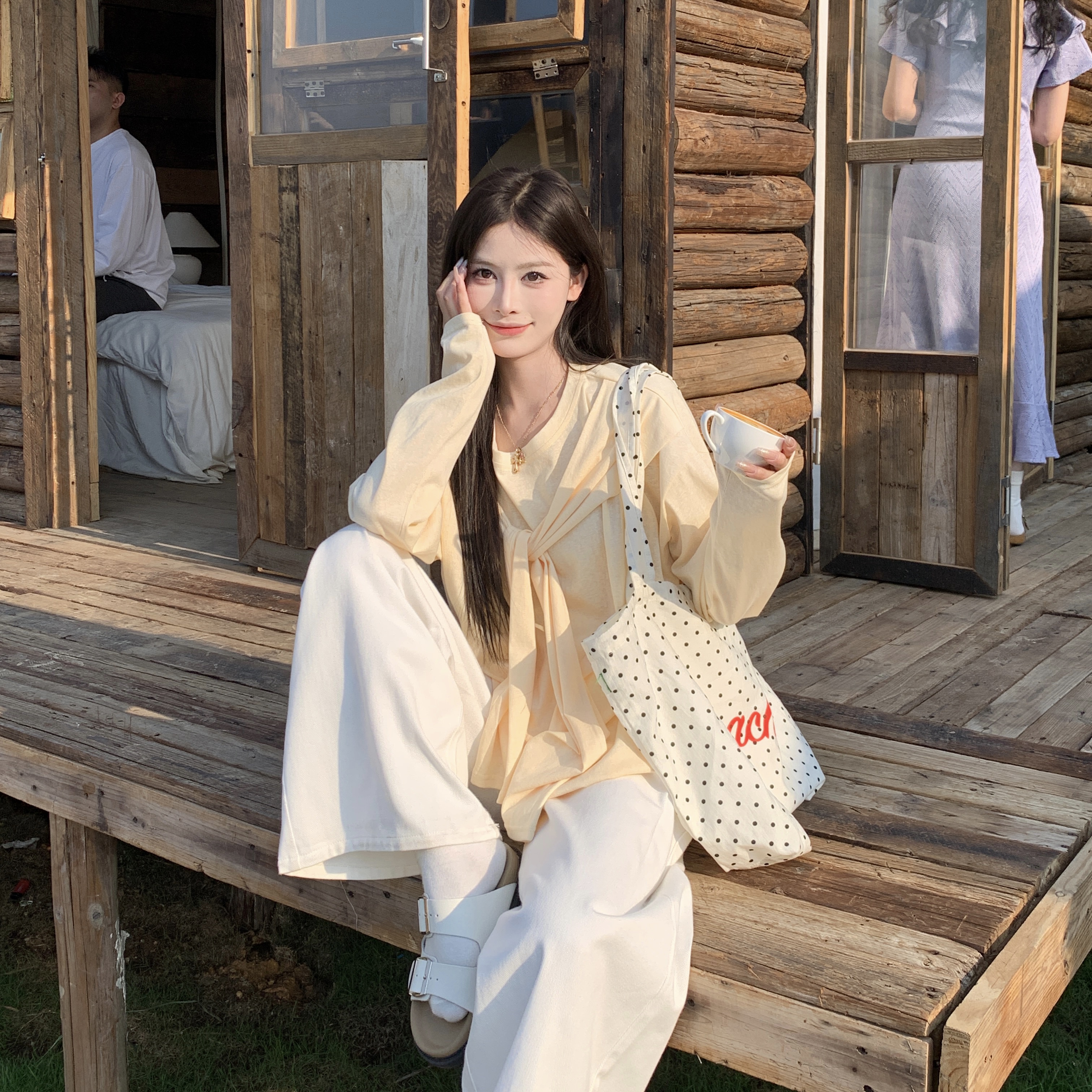 3MER哦哦三妹慵懒感纸片人长袖T恤女修身显瘦假两件绑带罩衫上衣