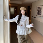 打底衫 T恤女春季 慵懒松弛上衣 韩系气质蕾丝花边长袖 3MER哦哦三妹