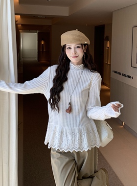 3MER哦哦三妹 韩系气质蕾丝花边长袖T恤女秋季打底衫慵懒松弛上衣