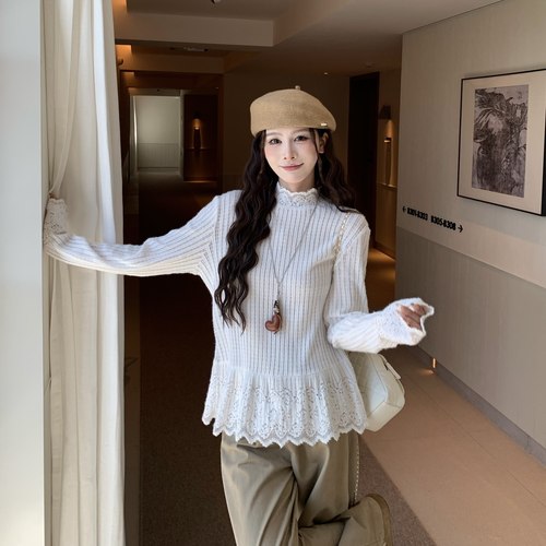 3MER别致蕾丝花边百搭长袖打底