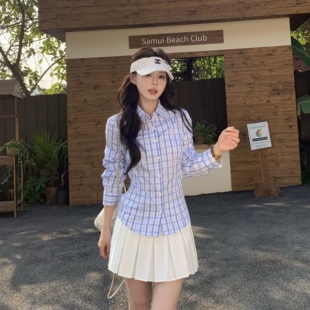 3MER哦哦三妹 韩系刺绣蓝白格子长袖衬衫女春秋收腰短款百搭衬衣