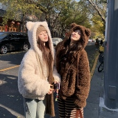 3MER哦哦三妹小熊耳朵羊羔毛外套女秋冬保暖加厚夹棉毛绒棉衣棉服