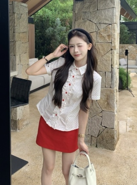 3MER哦哦三妹甜美学院风木耳边波点短袖衬衫女夏韩系撞色纽扣衬衣