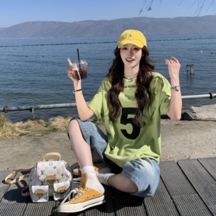 3MER哦哦三妹 韩系慵懒风5号印花短袖T恤女春夏新款圆领宽松上衣