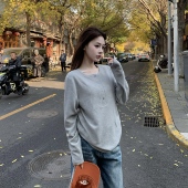 女秋冬长袖 3MER哦哦三妹 白色亨利领华夫格内搭打底衫 T恤纯色上衣