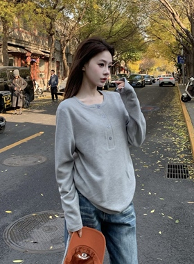 3MER哦哦三妹 白色亨利领华夫格内搭打底衫女秋冬长袖T恤纯色上衣