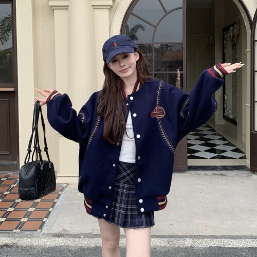 3MER情侣美式呢子棒球服外套