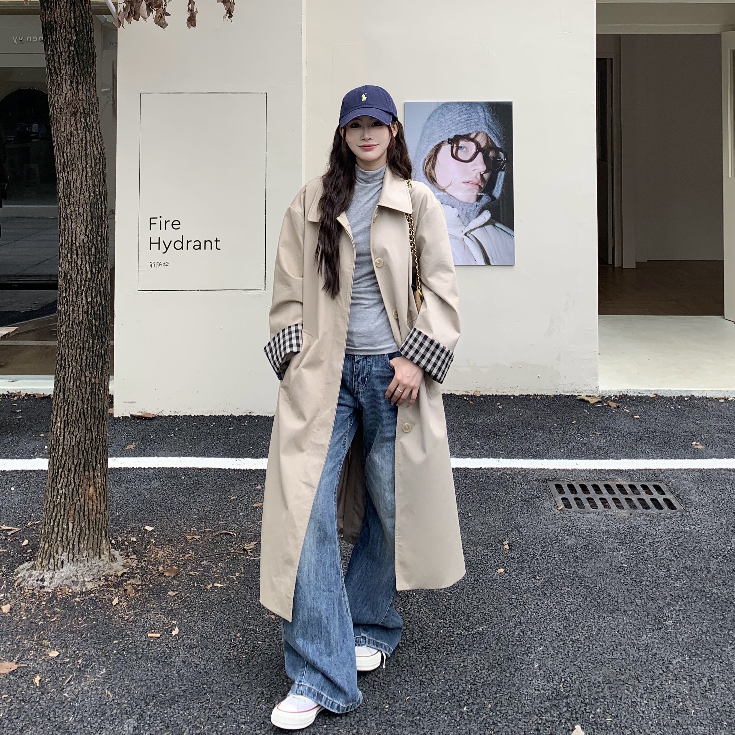 3MER韩风格子拼接卡其色风衣外套