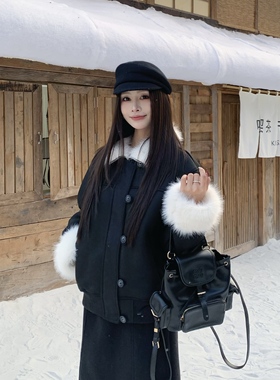 3MER哦哦三妹韩系气质黑色毛毛外套女冬皮毛一体短款甜酷毛领夹克