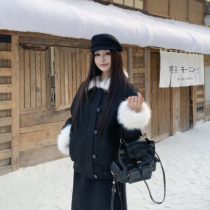 3MER哦哦三妹韩系气质黑色毛毛外套女冬皮毛一体短款甜酷毛领夹克