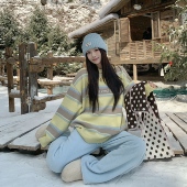 针织衫 3MER哦哦三妹韩系慵懒条纹撞色圆领毛衣女冬季 套头长袖 上衣