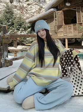 3MER哦哦三妹韩系慵懒条纹撞色圆领毛衣女冬季套头长袖针织衫上衣