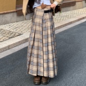 3MER哦哦三妹卡其色百褶格子半身裙女2025秋季 新款 收腰A字长裙子