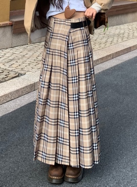 3MER哦哦三妹卡其色百褶格子半身裙女2025秋季新款收腰A字长裙子